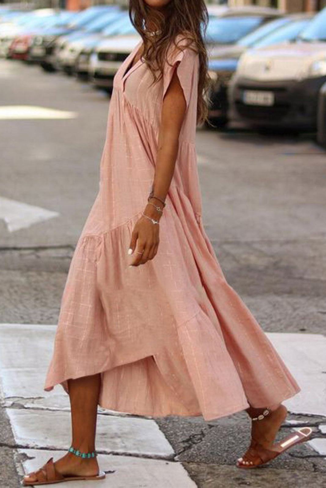 Women's V-Neck Tiered Midi Dress with Flutter Sleeves – Zalumo