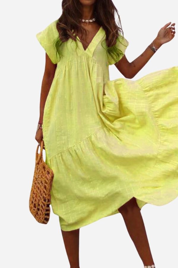 Women's V-Neck Tiered Midi Dress with Flutter Sleeves – Zalumo