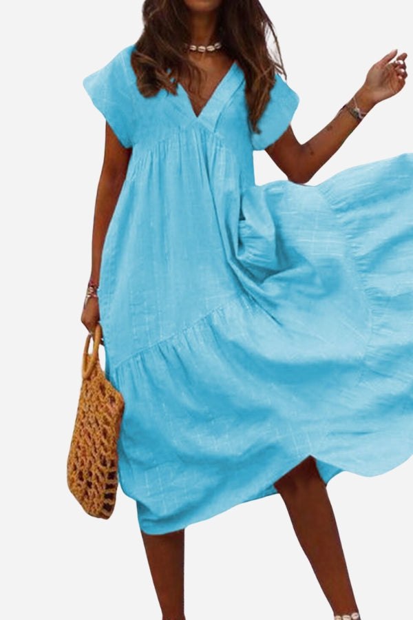 Women's V-Neck Tiered Midi Dress with Flutter Sleeves – Zalumo