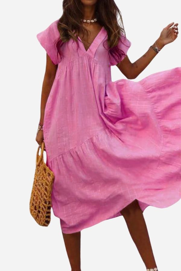 Women's V-Neck Tiered Midi Dress with Flutter Sleeves – Zalumo