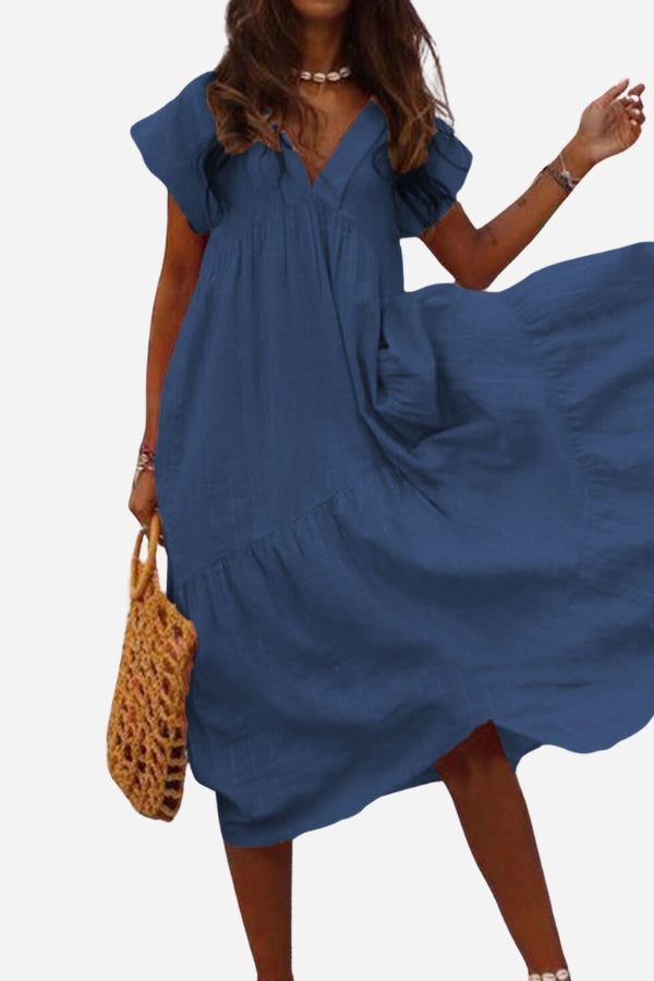 Women's V-Neck Tiered Midi Dress with Flutter Sleeves – Zalumo
