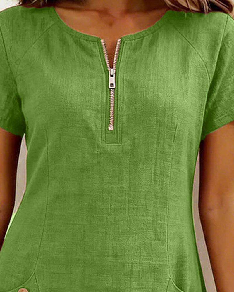Women's Shift Dress Short Sleeve Zip Neck with Pockets – Zalumo