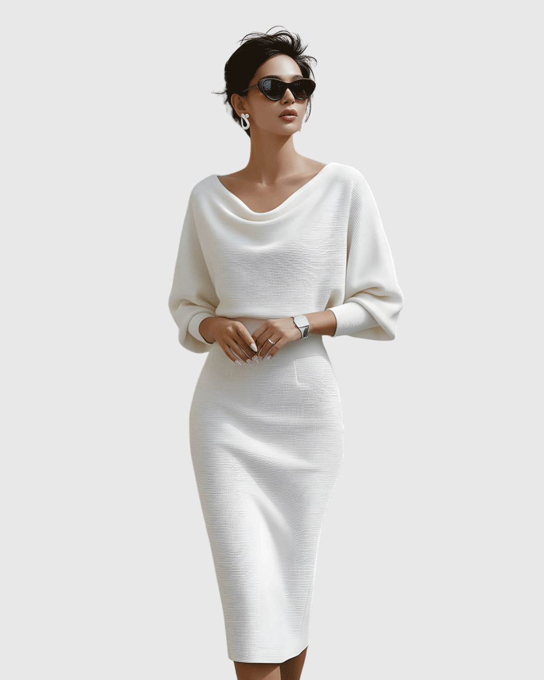 Women's Cowl Neck Batwing Sleeve Ribbed Midi Dress – Zalumo