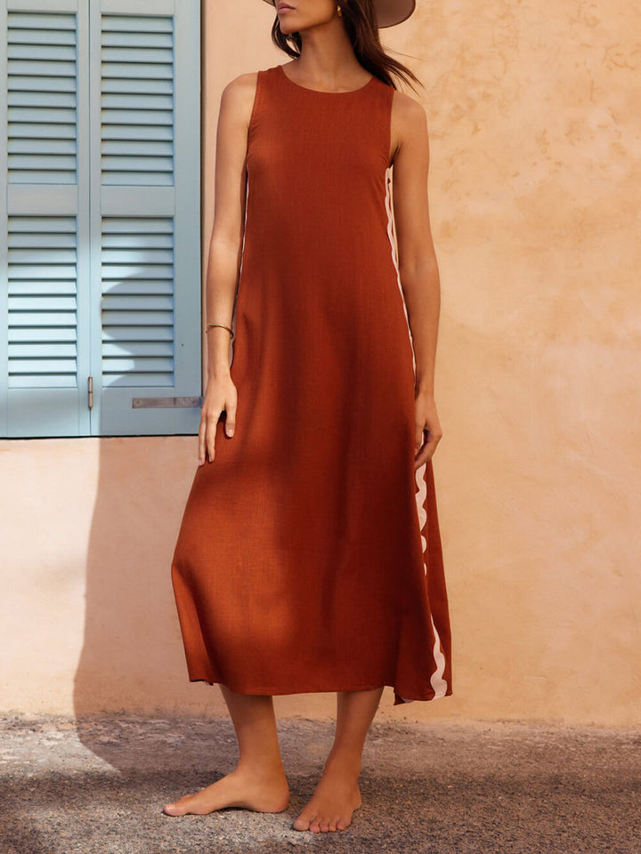 Women's Sleeveless Midi Dress with Wavy Contrast Side Trim – Zalumo