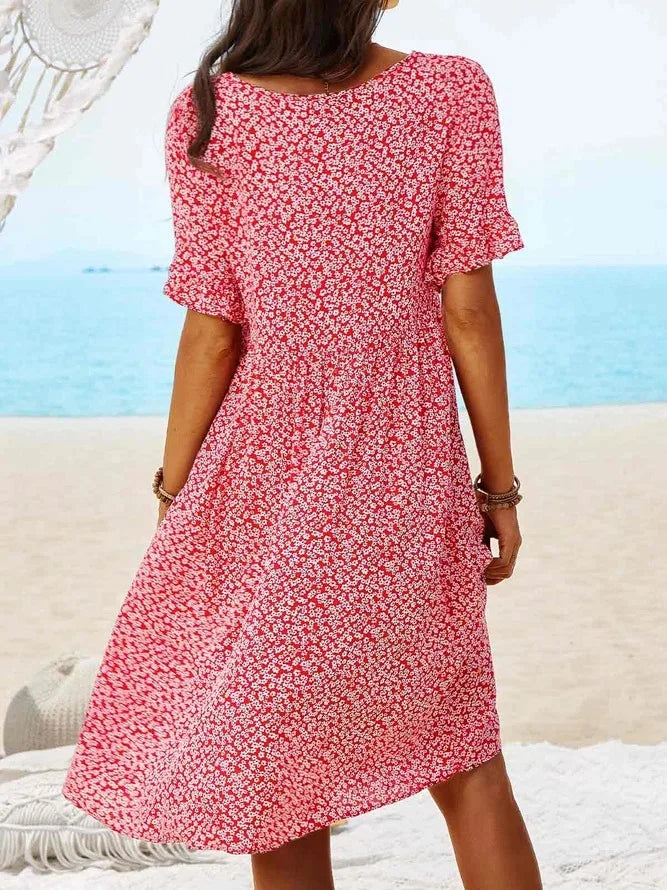 Women's Ditsy Floral V-Neck Short Sleeve Smock Dress – Zalumo
