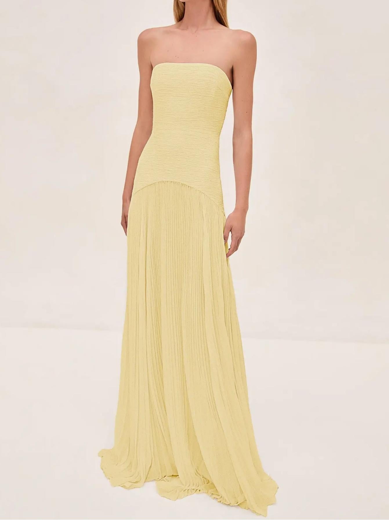 Women's Strapless Pleated Maxi Dress Formal Evening Gown – Zalumo