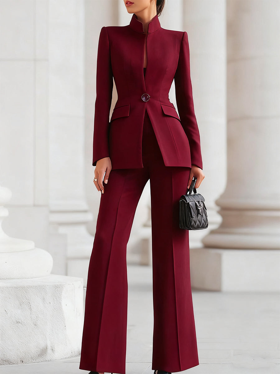 Women's Stand Collar Blazer & Wide Leg Pants Suit Set – Zalumo