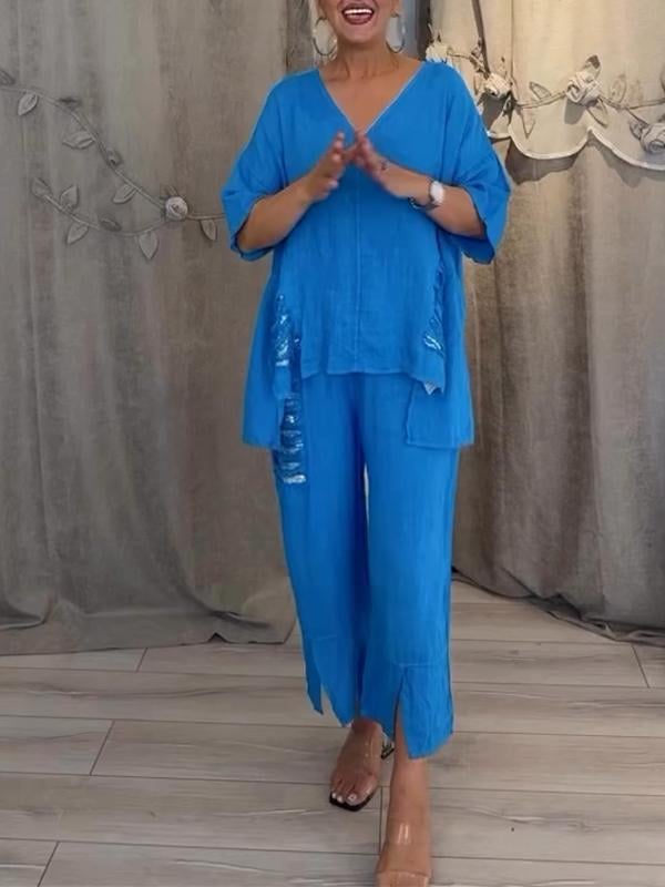 Women's Casual 2 Piece Set V-Neck Top and Cropped Pants – Zalumo
