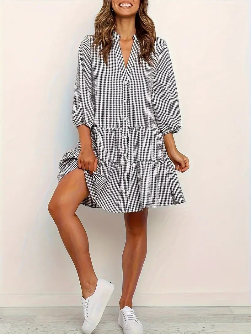 Women's Gingham Print Button-Down Mini Dress 3/4 Sleeve – Zalumo