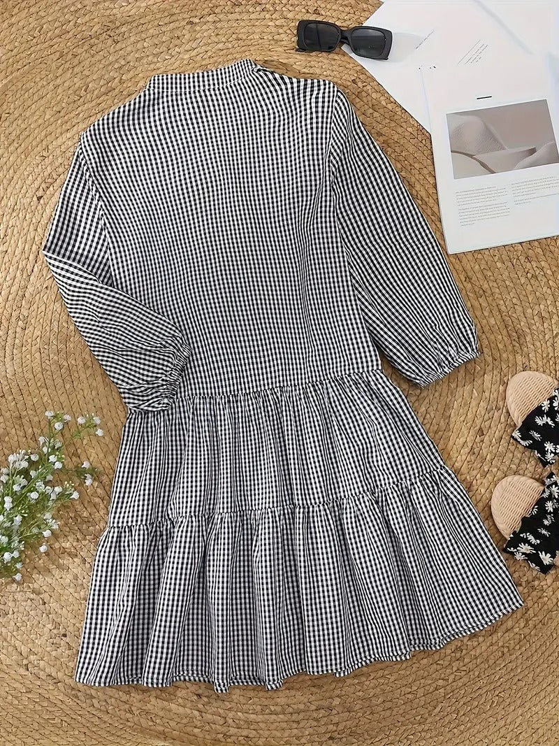 Women's Gingham Print Button-Down Mini Dress 3/4 Sleeve – Zalumo