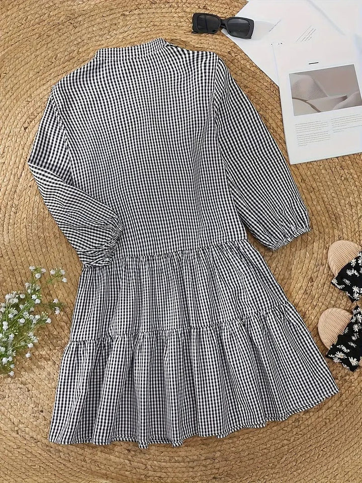 Women's Gingham Print Button-Down Mini Dress 3/4 Sleeve – Zalumo