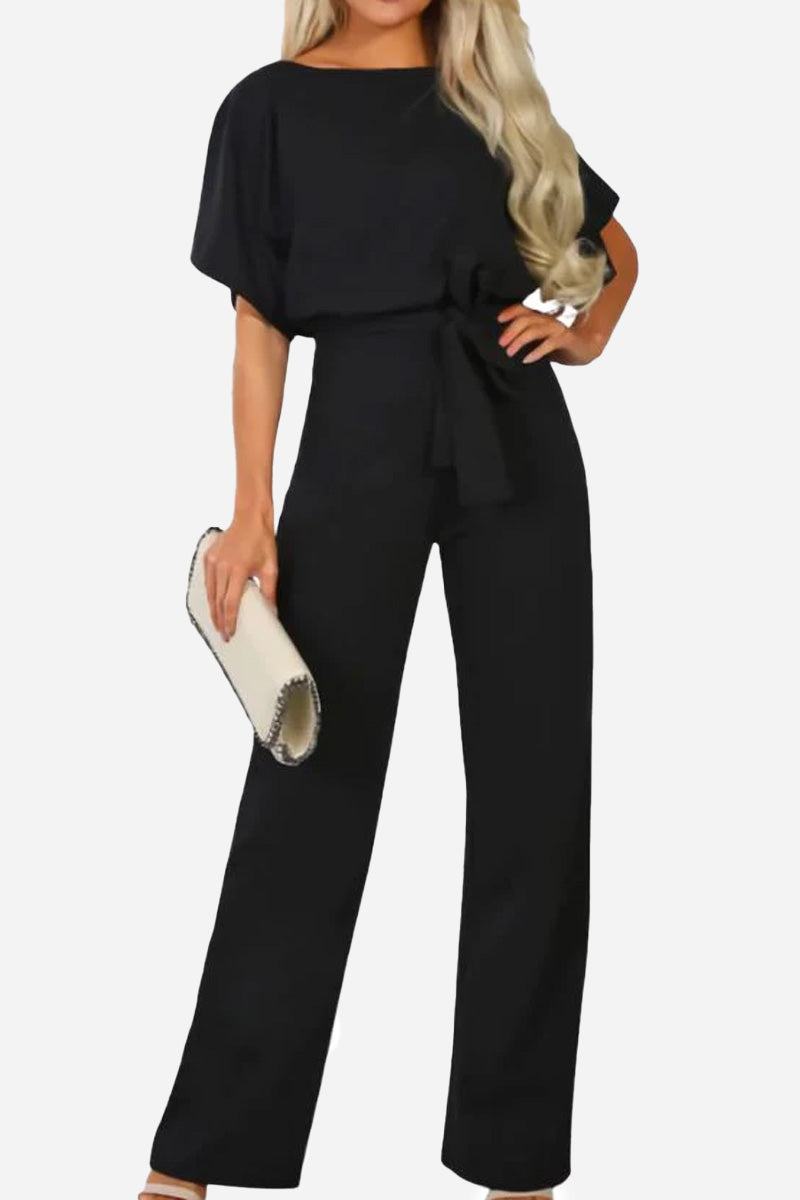 Women's Wide-Leg Belted Jumpsuit with Batwing Sleeves – Zalumo