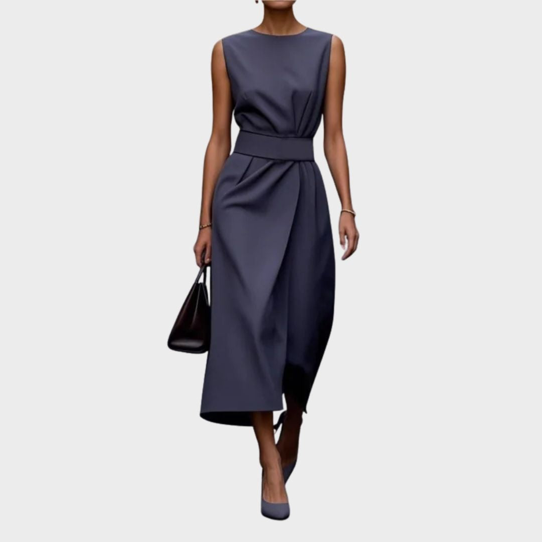 Women's Sleeveless Midi Dress Round Neck Twist Waist – Zalumo