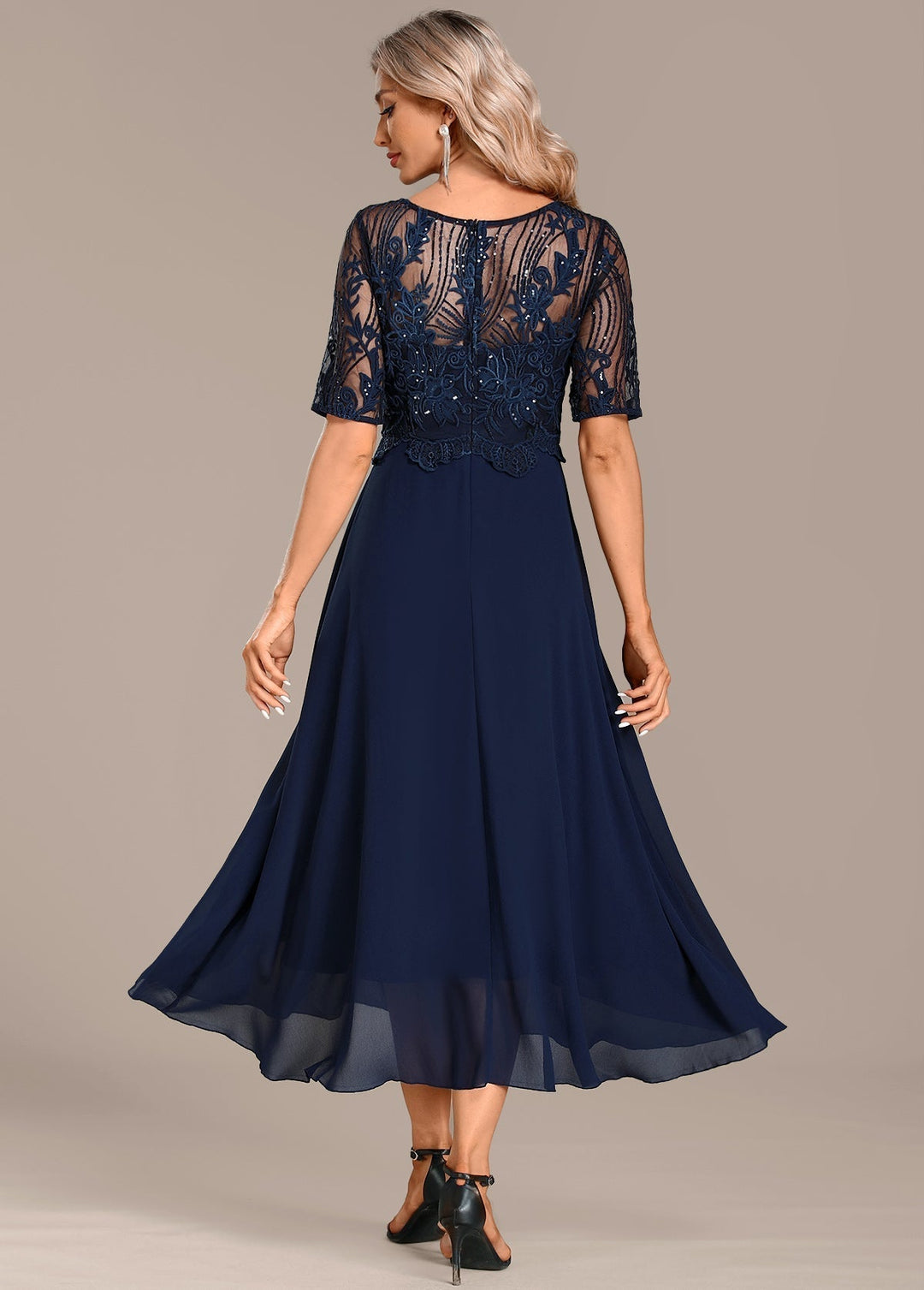 Navy Lace Short Sleeve Round Neck Dress – Zalumo