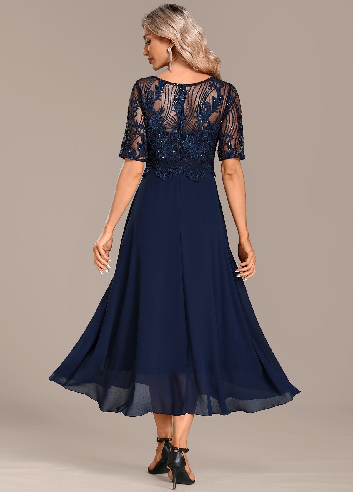 Navy Lace Short Sleeve Round Neck Dress – Zalumo