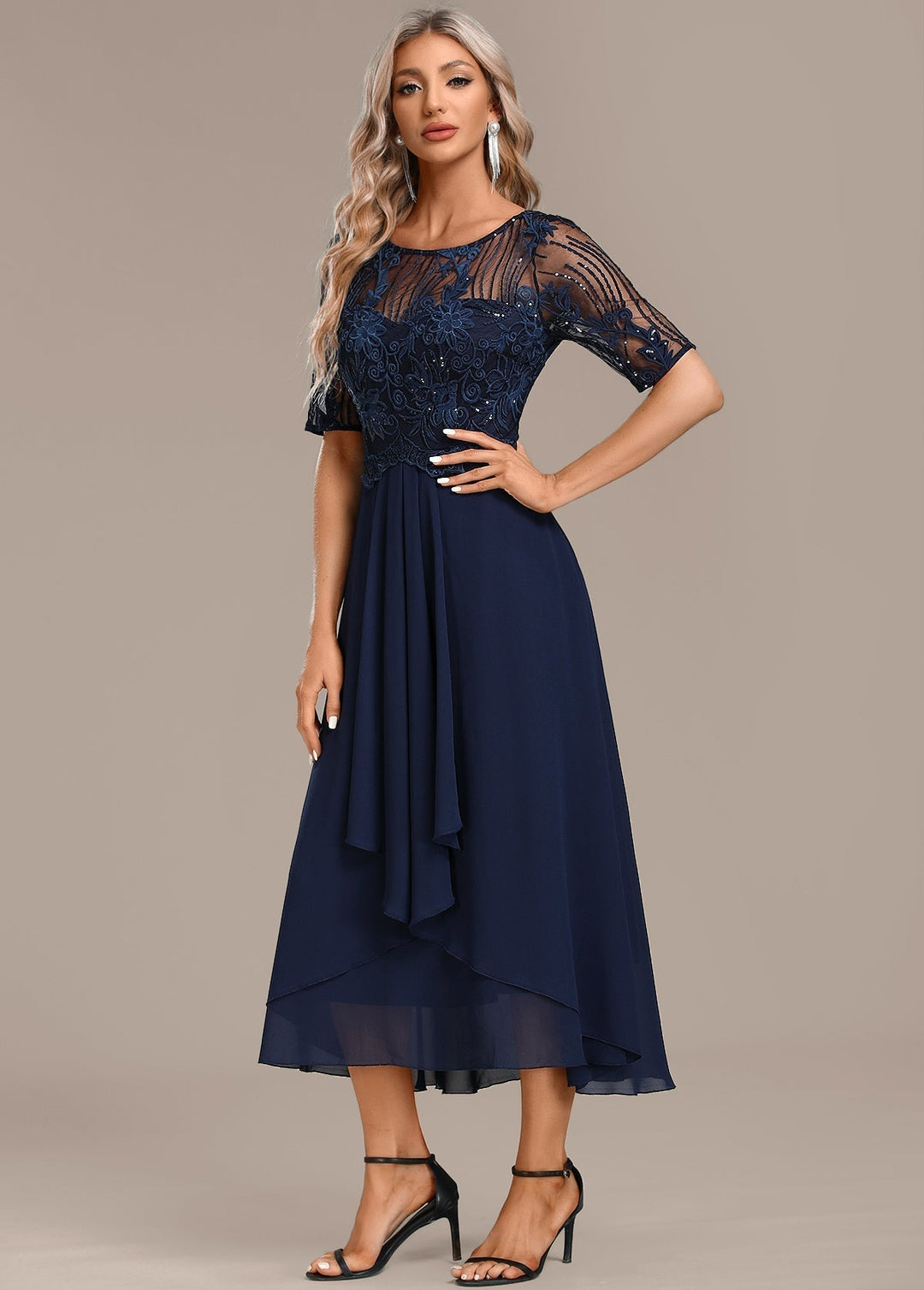 Navy Lace Short Sleeve Round Neck Dress – Zalumo