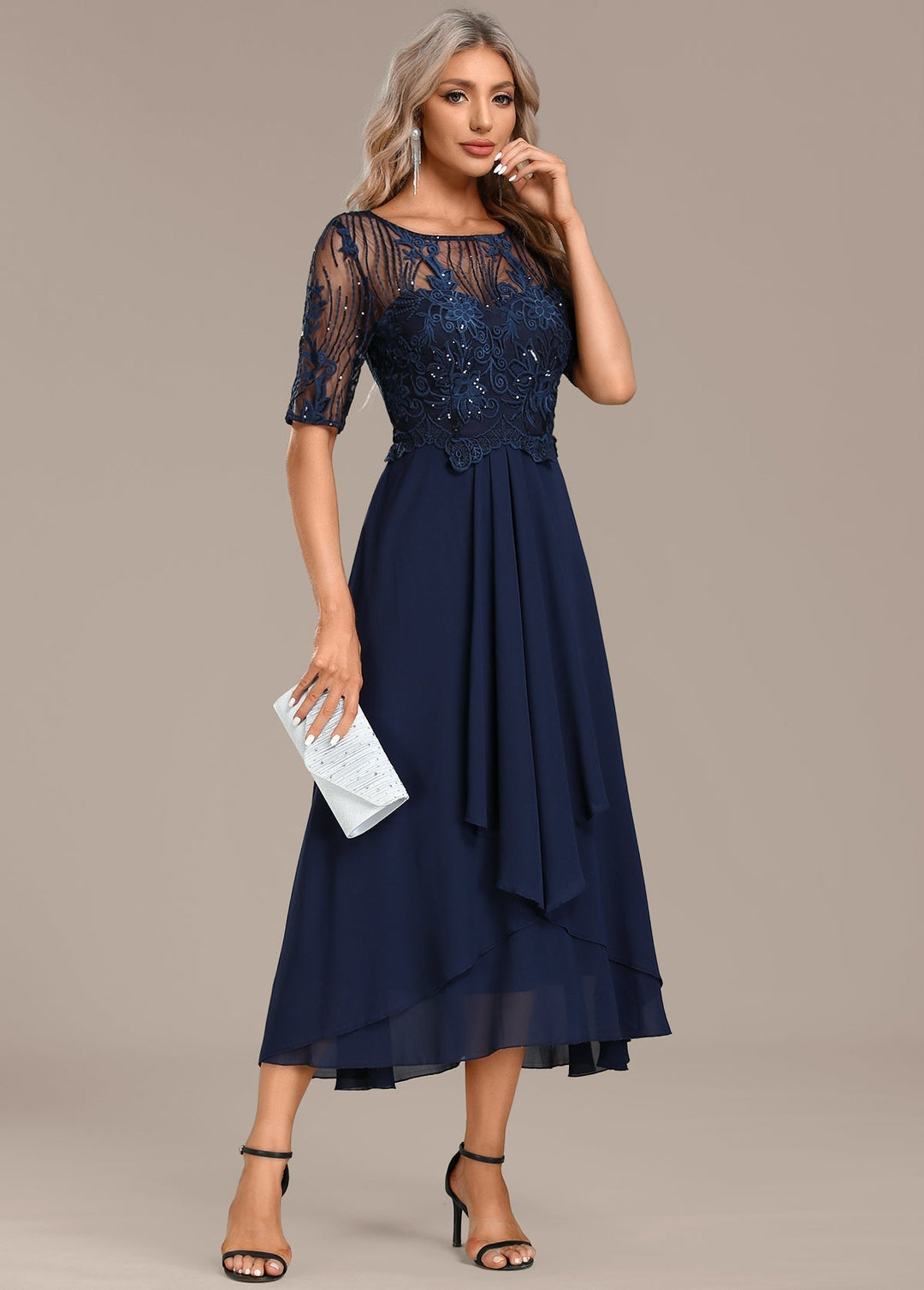 Navy Lace Short Sleeve Round Neck Dress – Zalumo