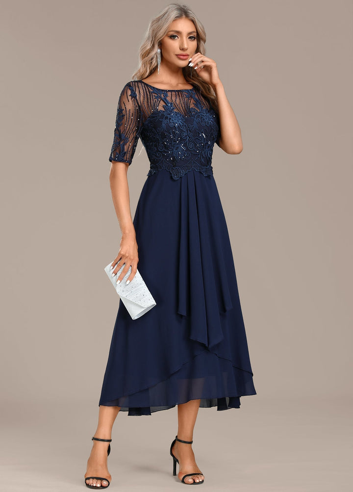 Navy Lace Short Sleeve Round Neck Dress – Zalumo
