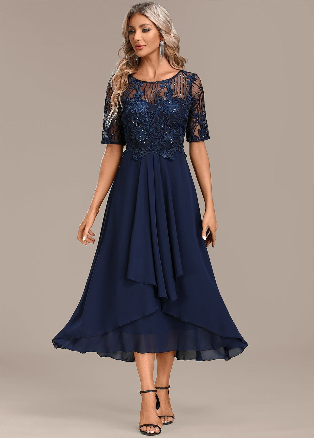 Navy Lace Short Sleeve Round Neck Dress – Zalumo