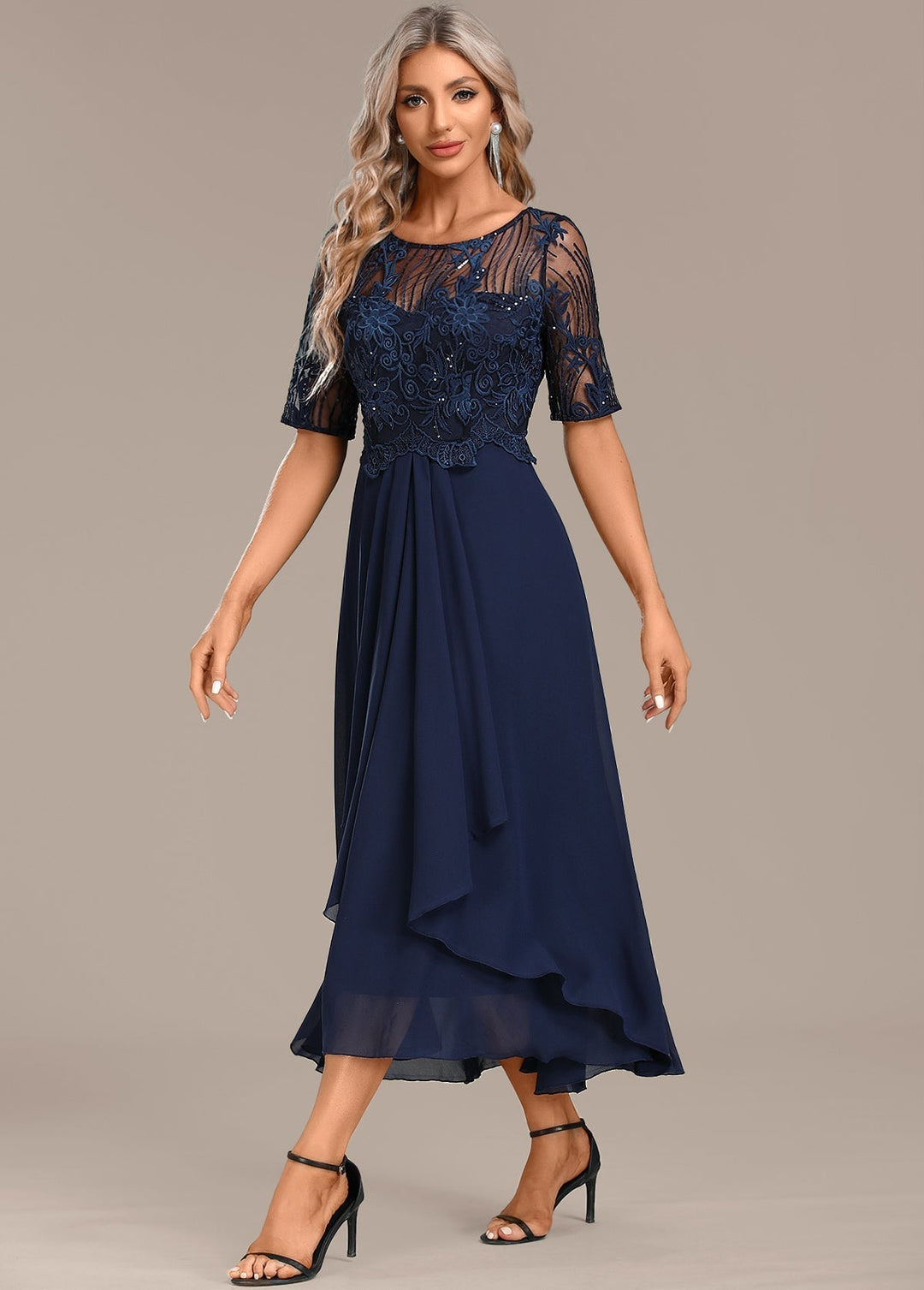 Navy Lace Short Sleeve Round Neck Dress – Zalumo