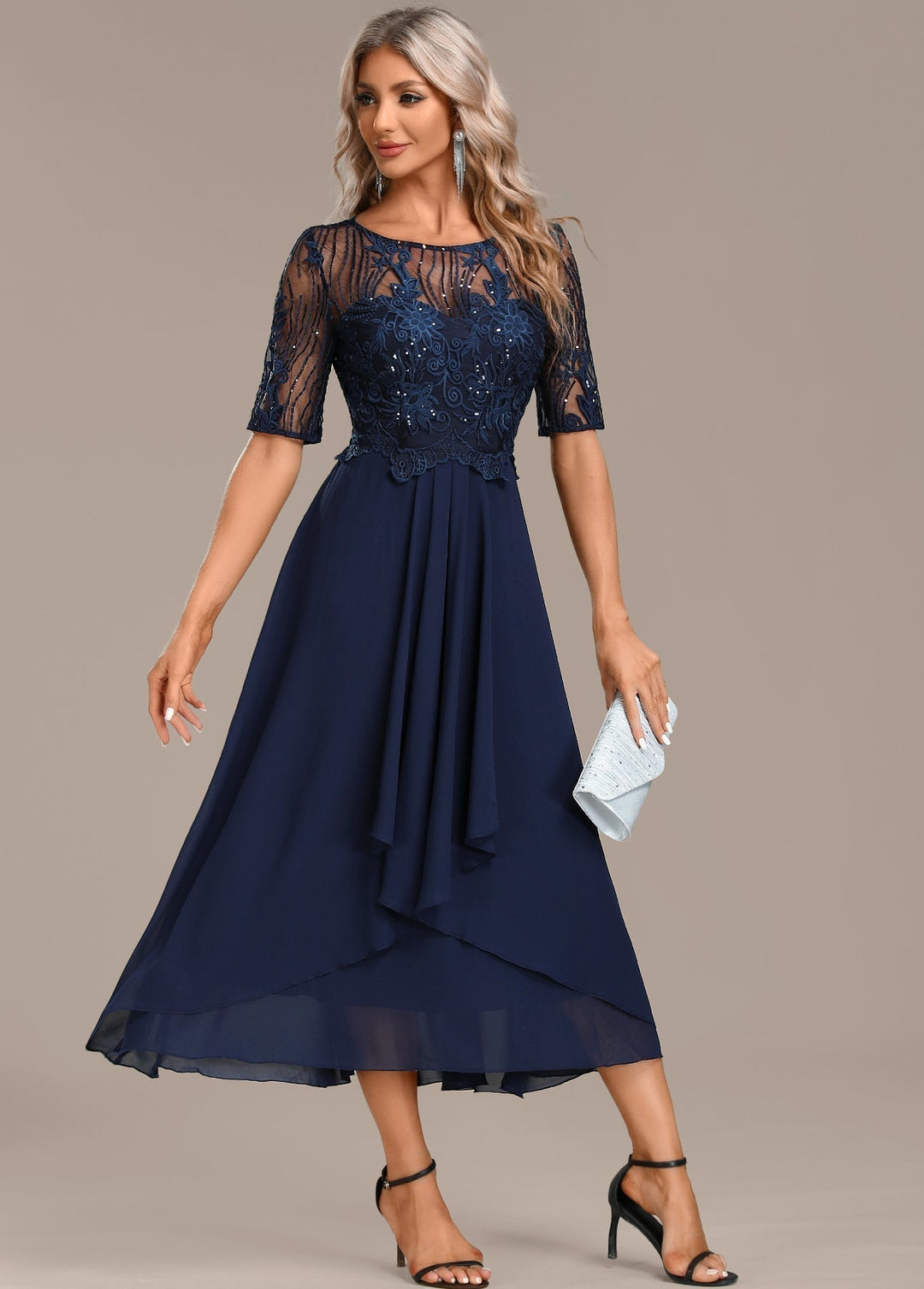 Navy Lace Short Sleeve Round Neck Dress – Zalumo