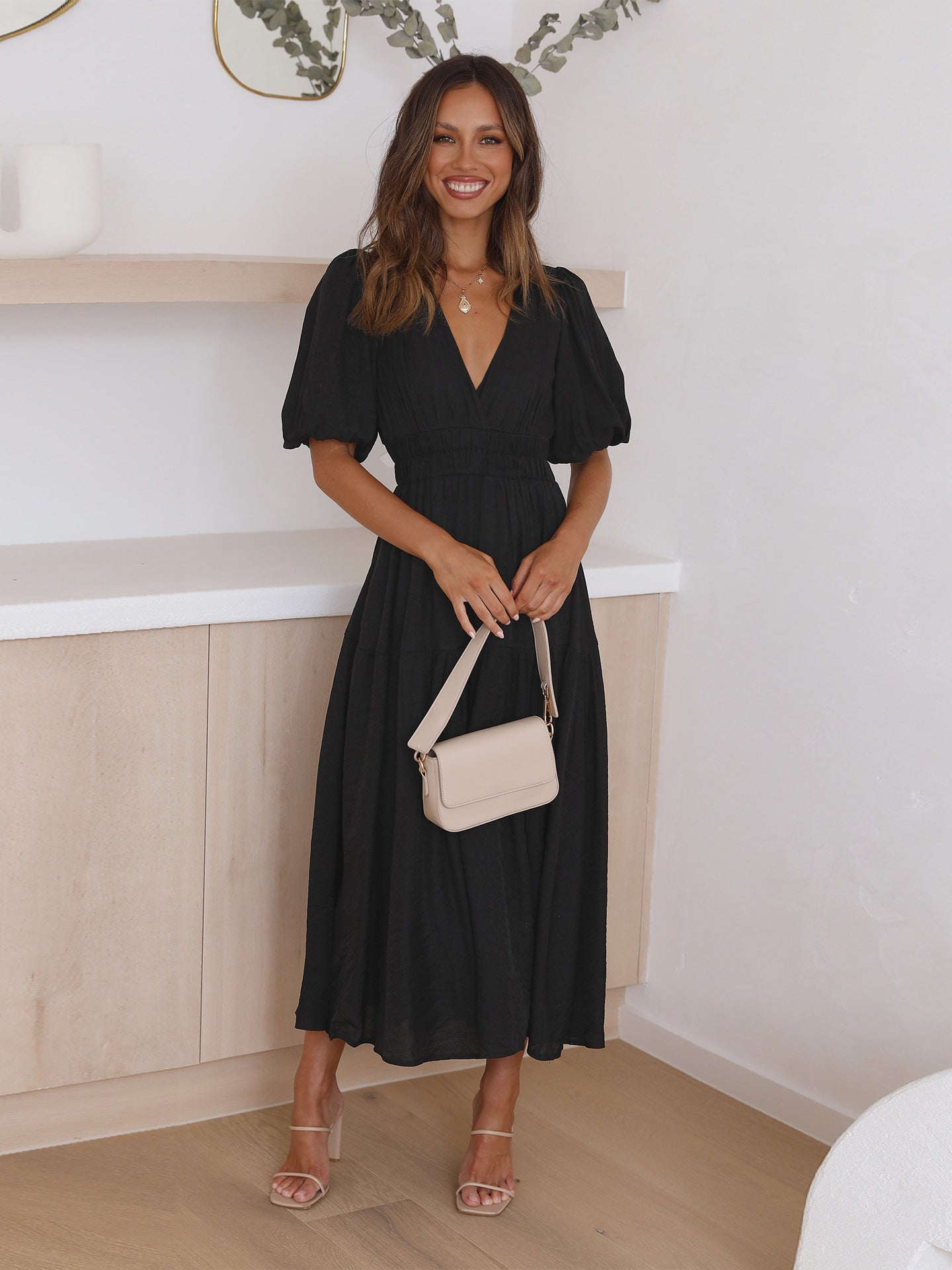 Women's V-Neck Puff Sleeve Midi Dress with Smocked Waist – Zalumo