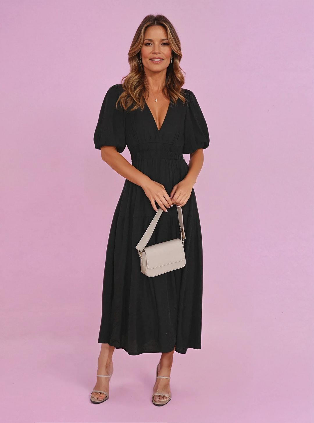Women's V-Neck Puff Sleeve Midi Dress with Smocked Waist – Zalumo