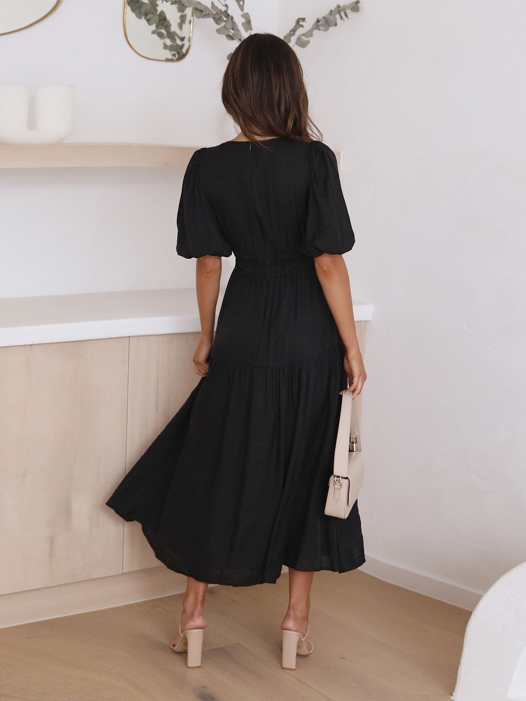 Women's V-Neck Puff Sleeve Midi Dress with Smocked Waist – Zalumo