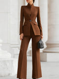 Women's Stand Collar Blazer & Wide Leg Pants Suit Set – Zalumo