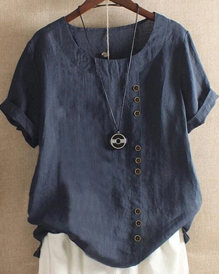 Women's Button Front Crew Neck Short Sleeve Casual Top – Zalumo