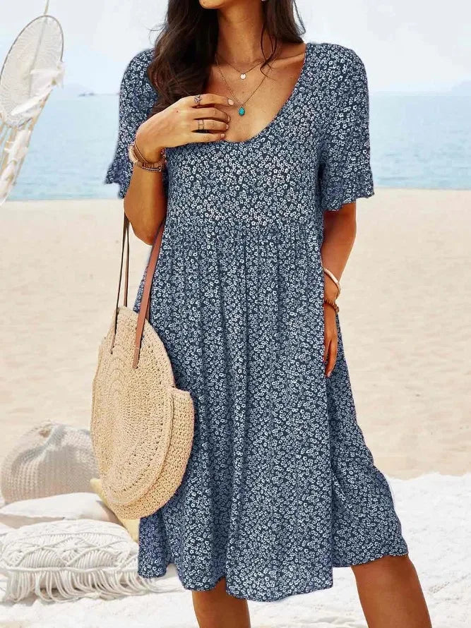 Women's Ditsy Floral V-Neck Short Sleeve Smock Dress – Zalumo