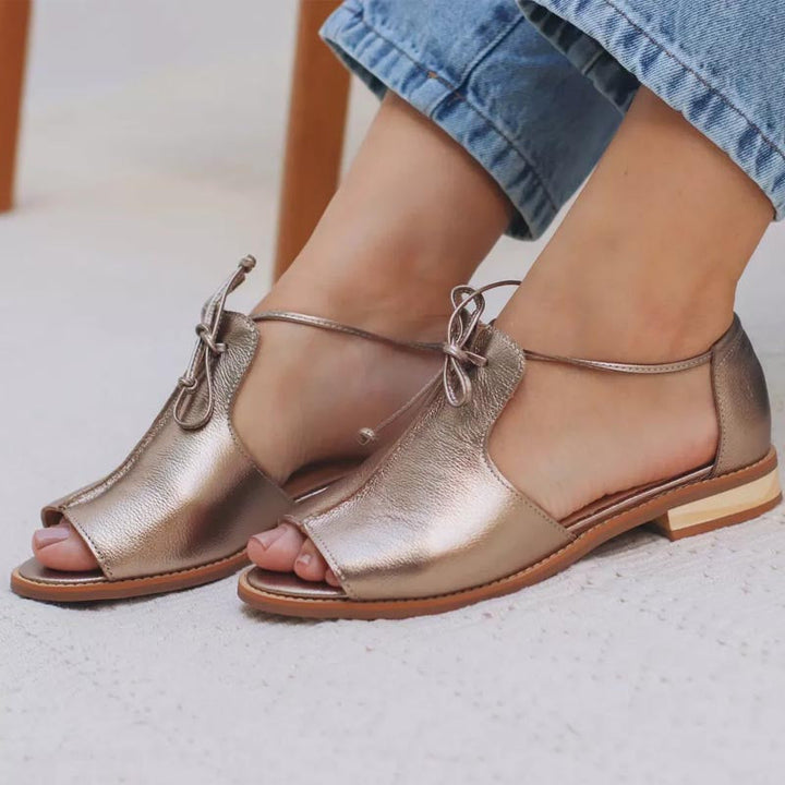 Women's Metallic Open Toe Sandals Bow Tie Strap Flat – Zalumo