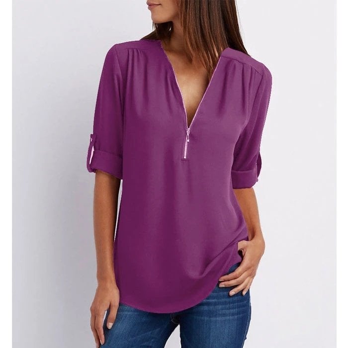 Women's Zip-Up V-Neck Half Sleeve Casual Blouse Top – Zalumo