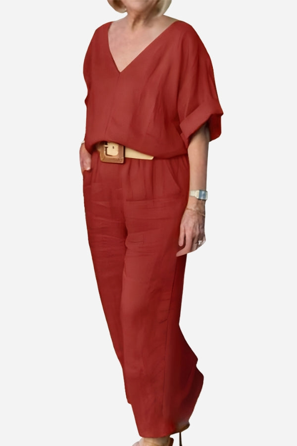 Women's V-Neck Batwing Top and Straight-Leg Pants Set – Zalumo