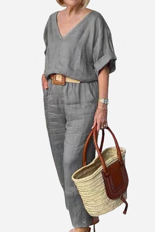 Women's V-Neck Batwing Top and Straight-Leg Pants Set – Zalumo