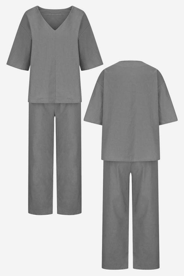 Women's V-Neck Batwing Top and Straight-Leg Pants Set – Zalumo