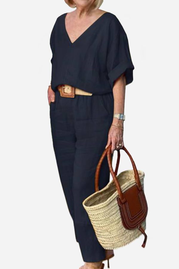 Women's V-Neck Batwing Top and Straight-Leg Pants Set – Zalumo