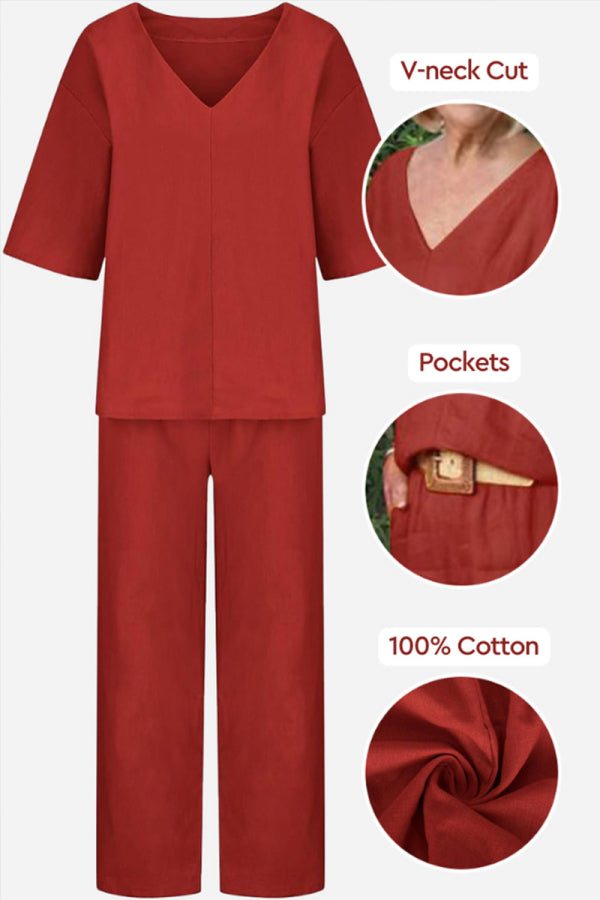 Women's V-Neck Batwing Top and Straight-Leg Pants Set – Zalumo