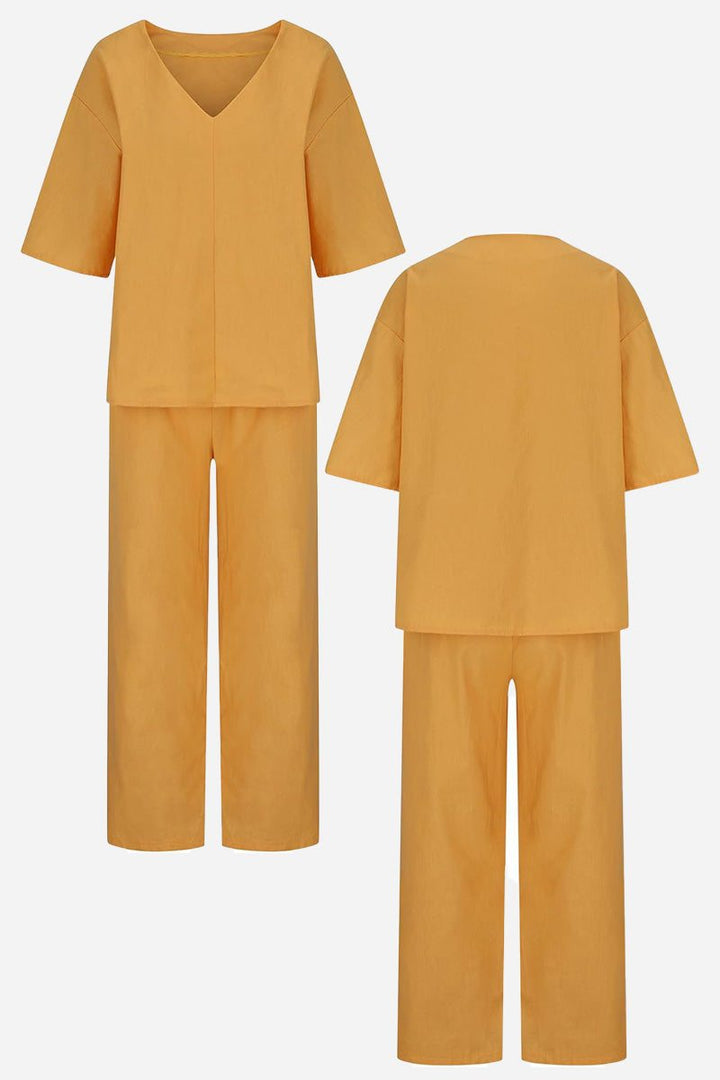 Women's V-Neck Batwing Top and Straight-Leg Pants Set – Zalumo