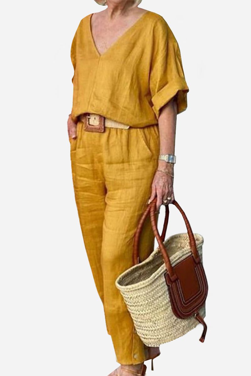 Women's V-Neck Batwing Top and Straight-Leg Pants Set – Zalumo