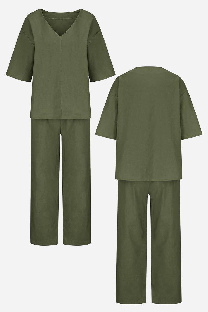 Women's V-Neck Batwing Top and Straight-Leg Pants Set – Zalumo