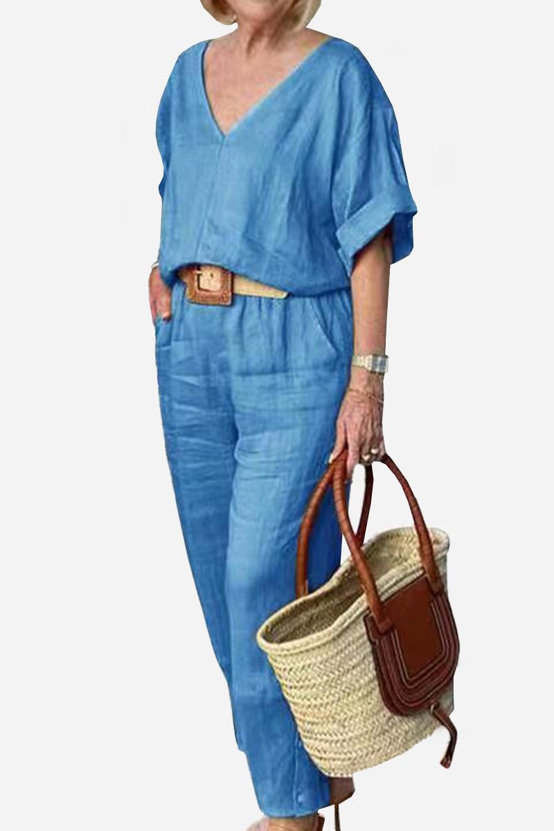 Women's V-Neck Batwing Top and Straight-Leg Pants Set – Zalumo