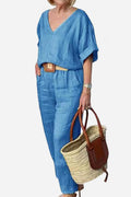 Women's V-Neck Batwing Top and Straight-Leg Pants Set – Zalumo