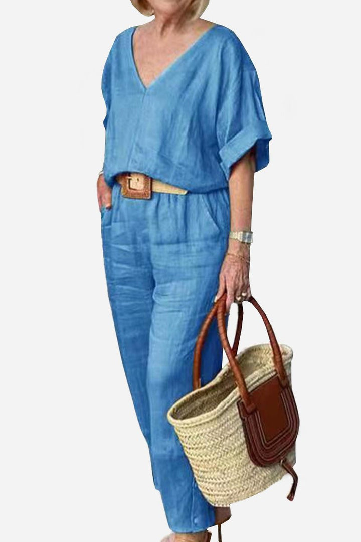 Women's V-Neck Batwing Top and Straight-Leg Pants Set – Zalumo