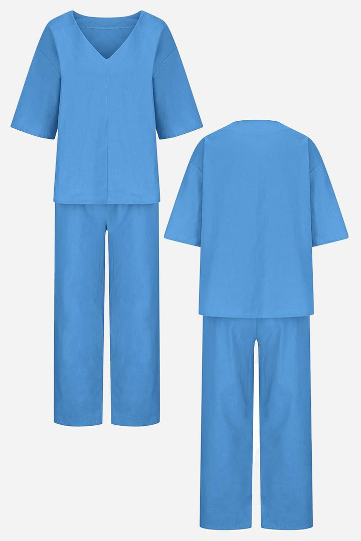 Women's V-Neck Batwing Top and Straight-Leg Pants Set – Zalumo