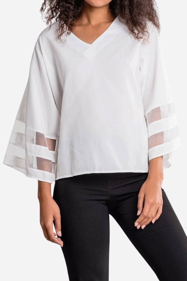 Women's V-Neck Bell Sleeve Blouse with Mesh Panel Detail – Zalumo