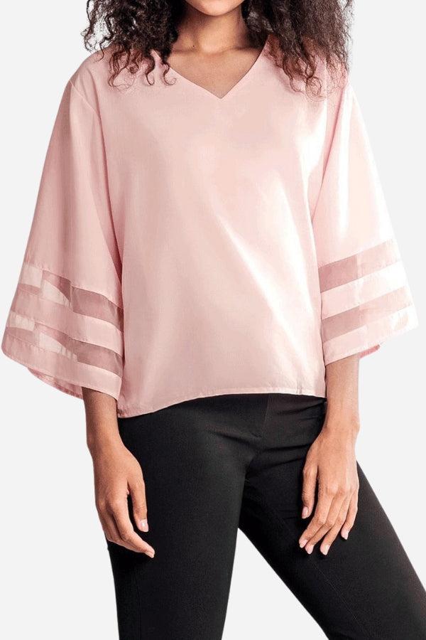 Women's V-Neck Bell Sleeve Blouse with Mesh Panel Detail – Zalumo