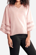 Women's V-Neck Bell Sleeve Blouse with Mesh Panel Detail – Zalumo