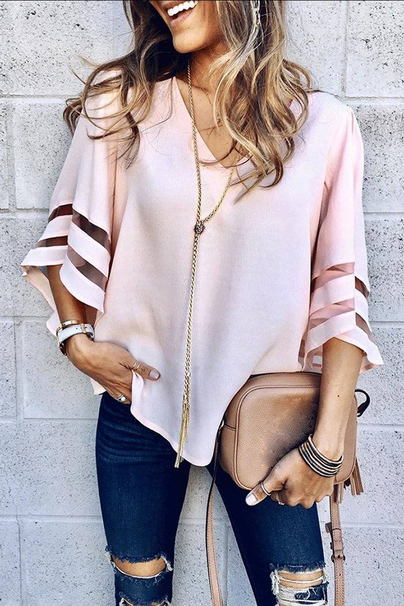 Women's V-Neck Bell Sleeve Blouse with Mesh Panel Detail – Zalumo