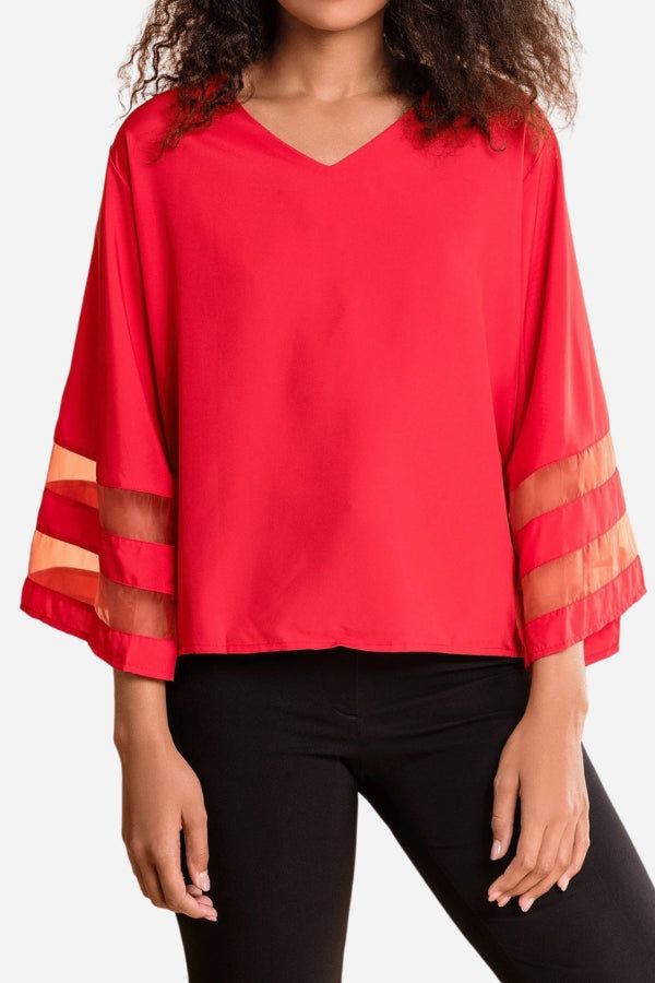 Women's V-Neck Bell Sleeve Blouse with Mesh Panel Detail – Zalumo